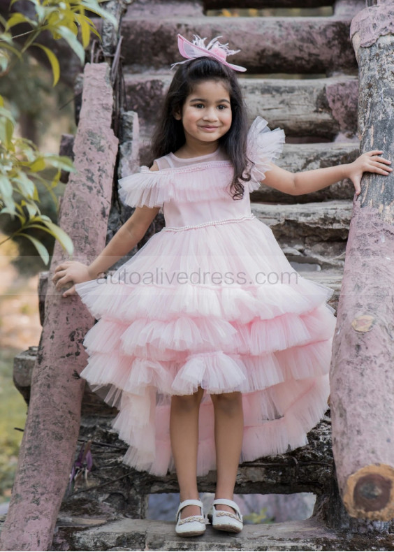 Light Pink Tulle Pearls Beaded High Low Flower Girl Dress